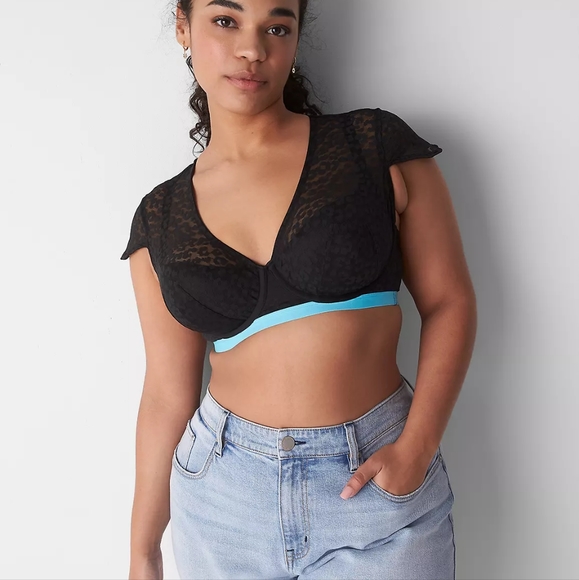 Lace Underwire Cap Sleeve Bra (Black) - Picture 2 of 6